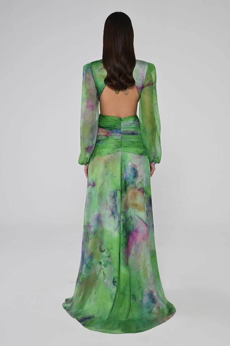 Chiffon Deep V-Neck Long Sleeve Cut Out Ruched Waist Maxi Gown - View 3