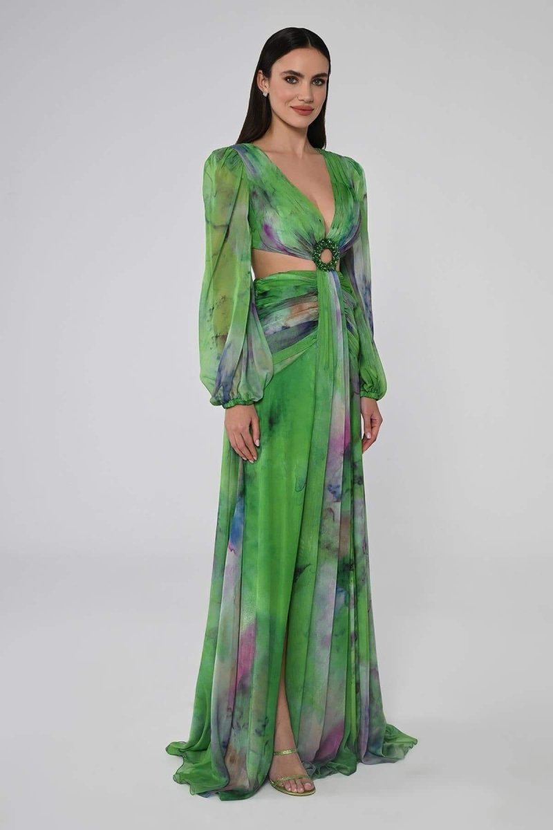 Chiffon Deep V-Neck Long Sleeve Cut Out Ruched Waist Maxi Gown - View 2