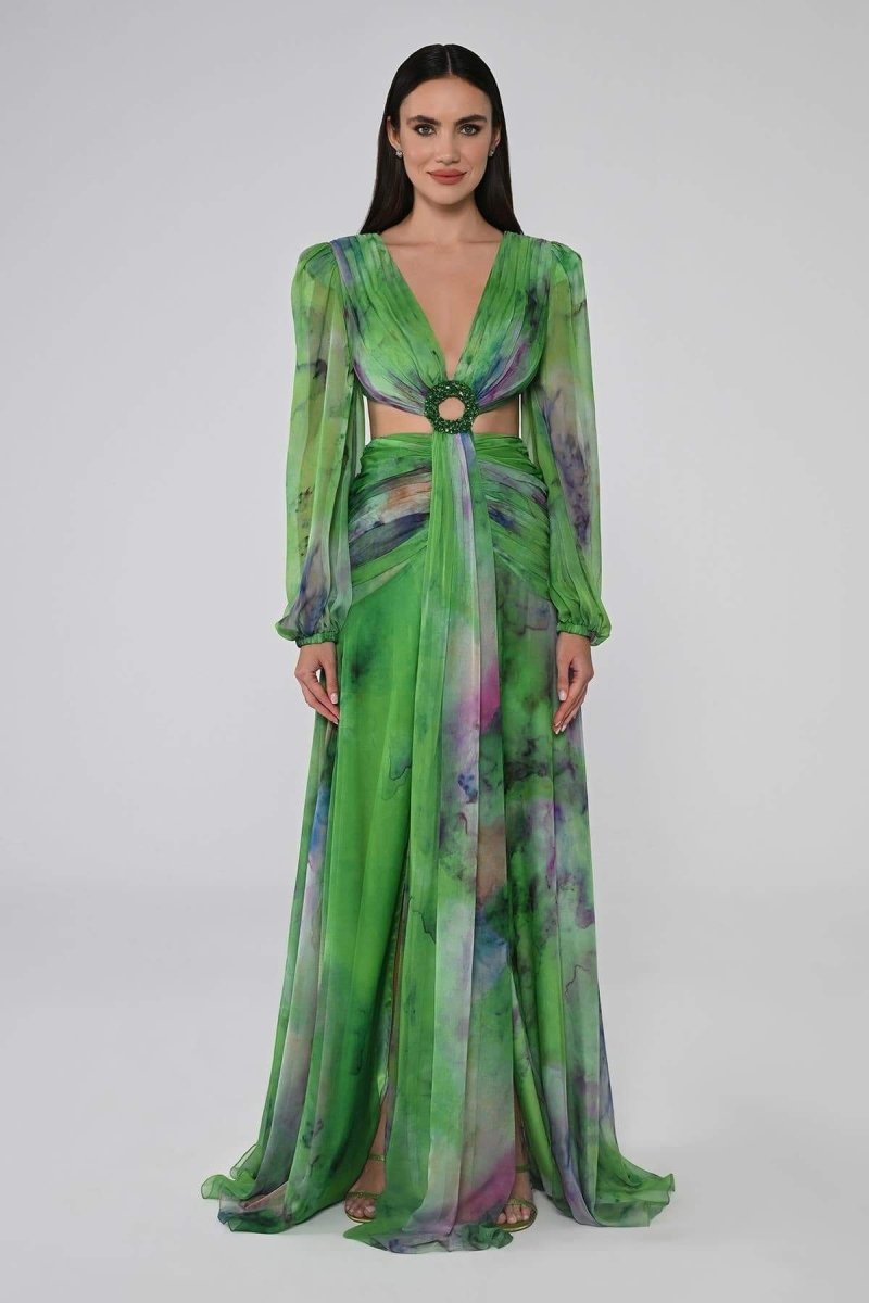 Chiffon Deep V-Neck Long Sleeve Cut Out Ruched Waist Maxi Gown - View 4
