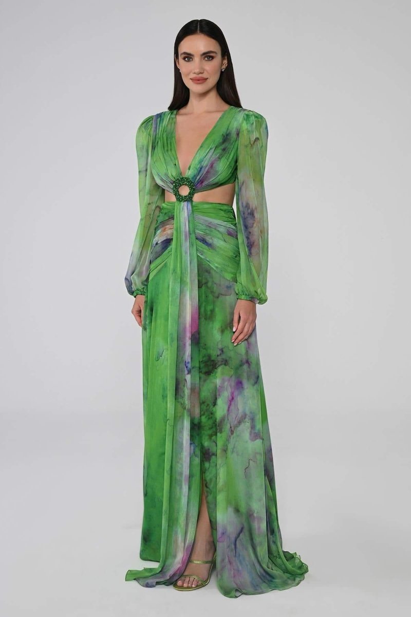 Chiffon Deep V-Neck Long Sleeve Cut Out Ruched Waist Maxi Gown