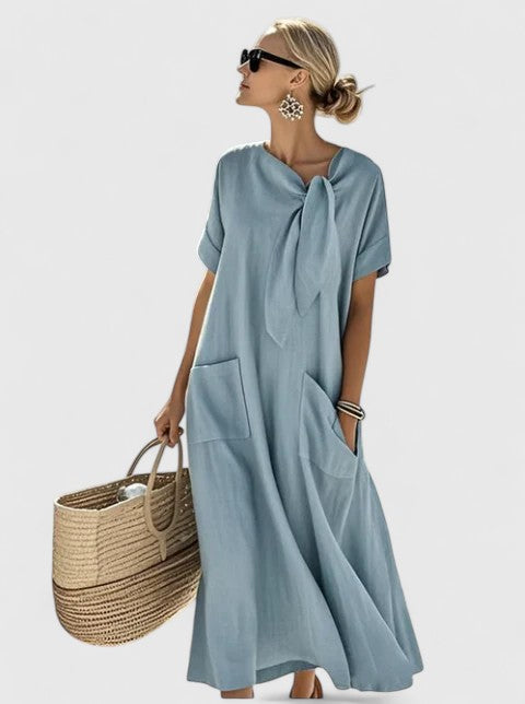 Tie Neck Short Sleeve Pocket Maxi Dress 3