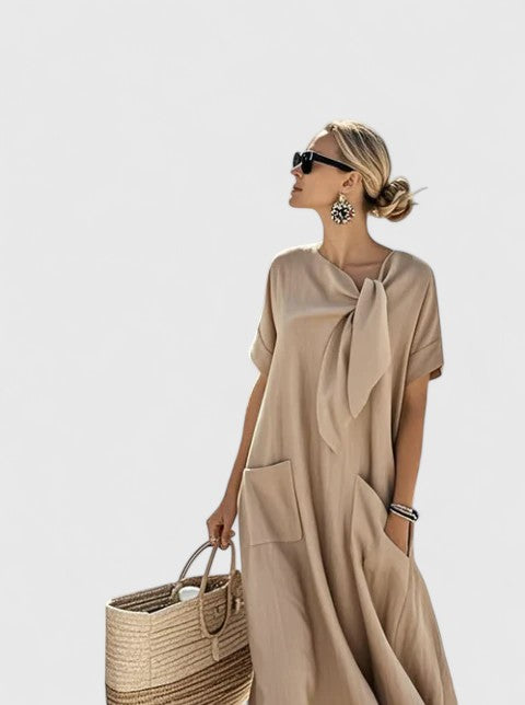Tie Neck Short Sleeve Pocket A-Line Maxi Dress 5
