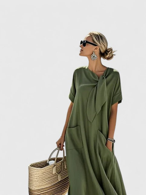 Tie Neck Short Sleeve Pocket A-Line Maxi Dress 6