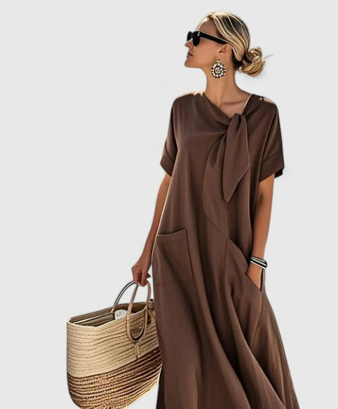 Tie Neck Short Sleeve Pocket A-Line Maxi Dress 2