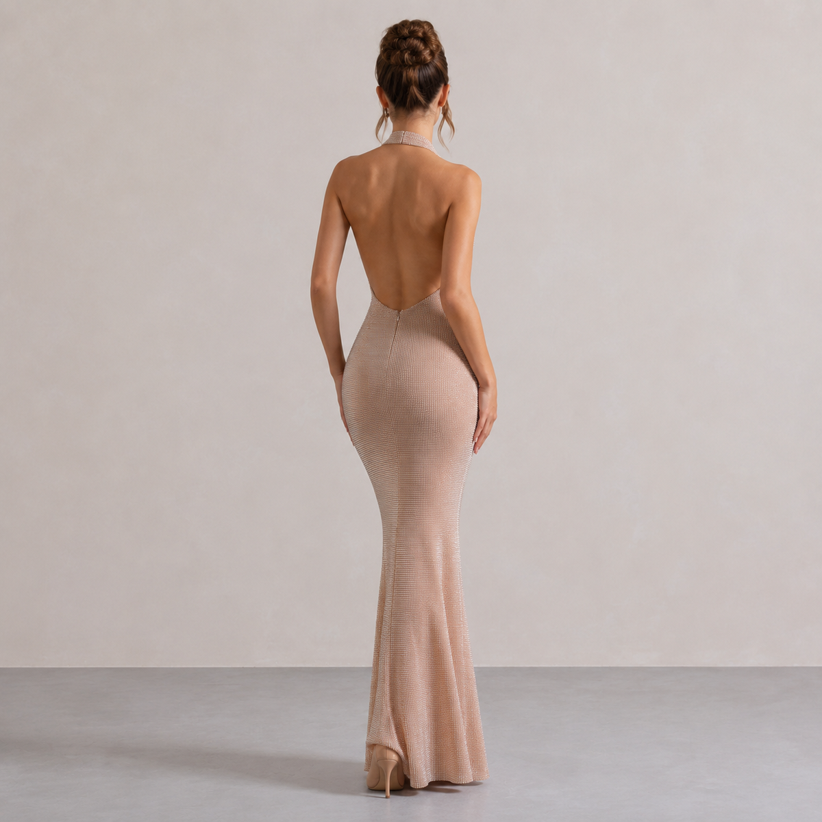Rhinestone Halter Deep V-Neck Backless Maxi Dress 3