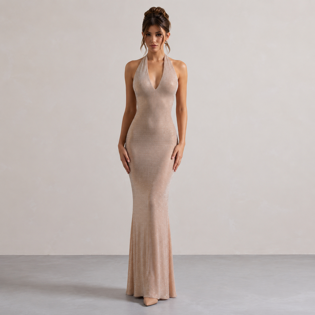 Rhinestone Halter Deep V-Neck Backless Maxi Dress