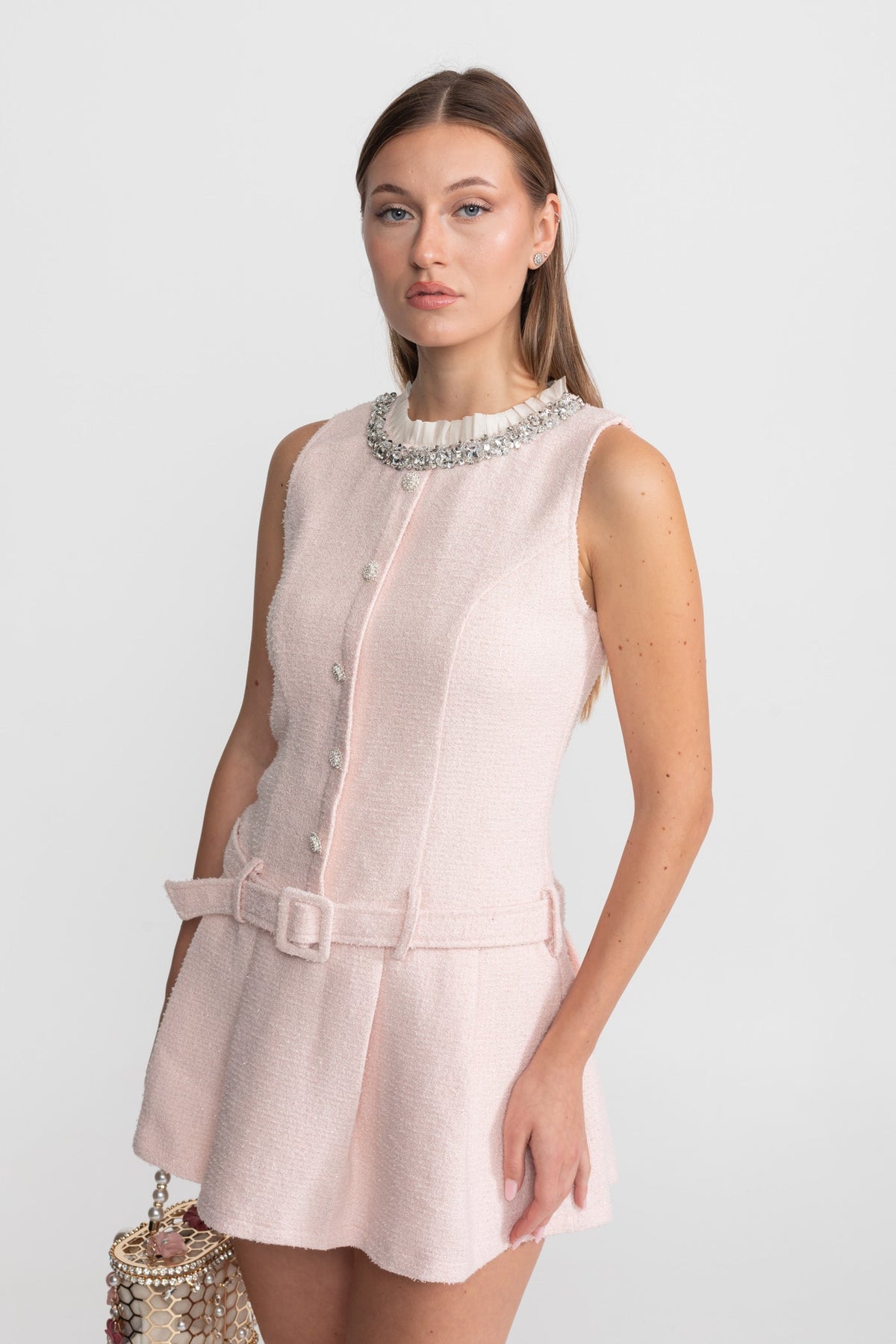 Ruffle Rhinestone Collar Crystal Button Belted Tweed Mini Dress - View 3