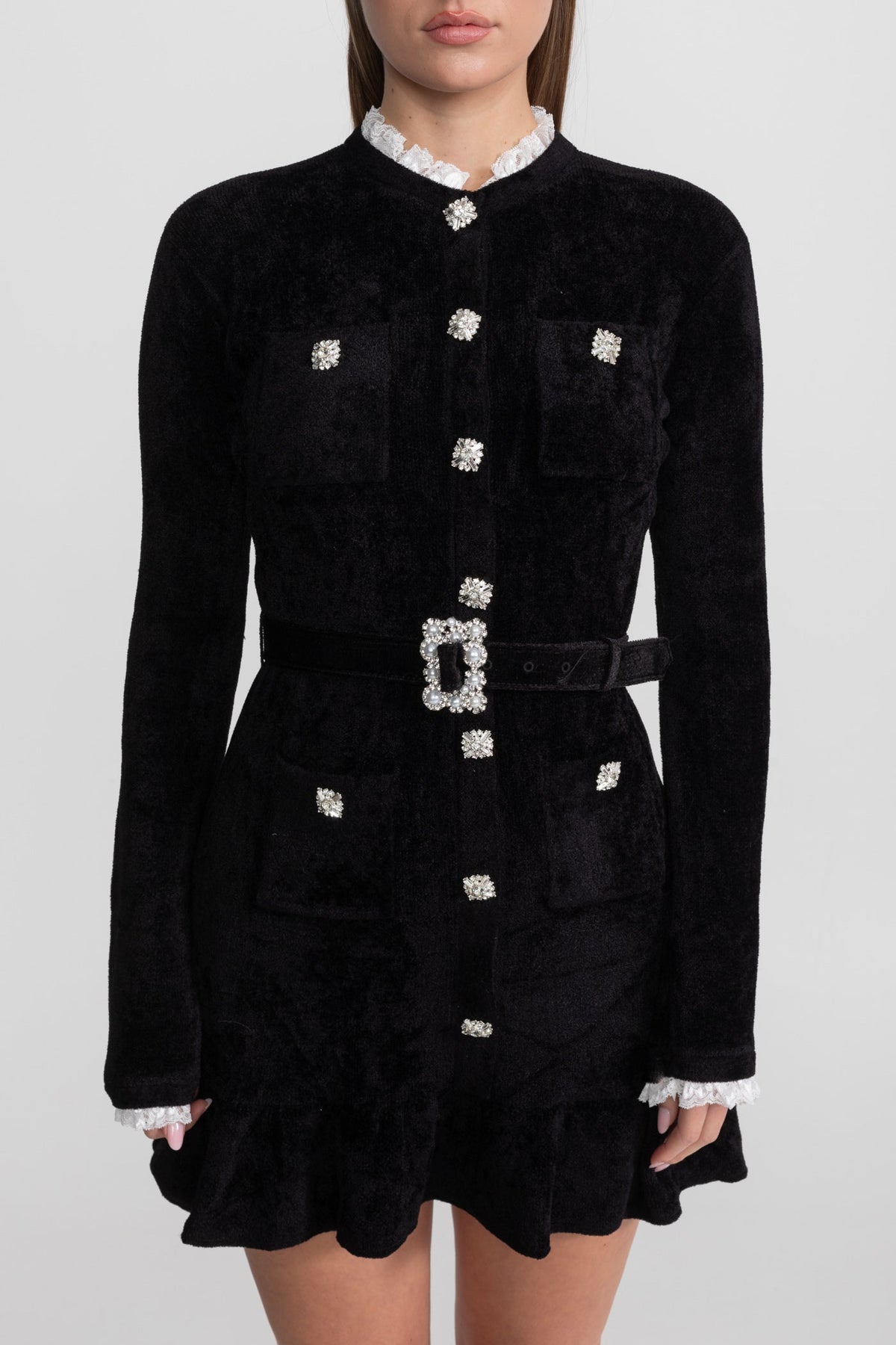 Knit Crystal-Button Mini Dress With Matching Belt – Black - View 6