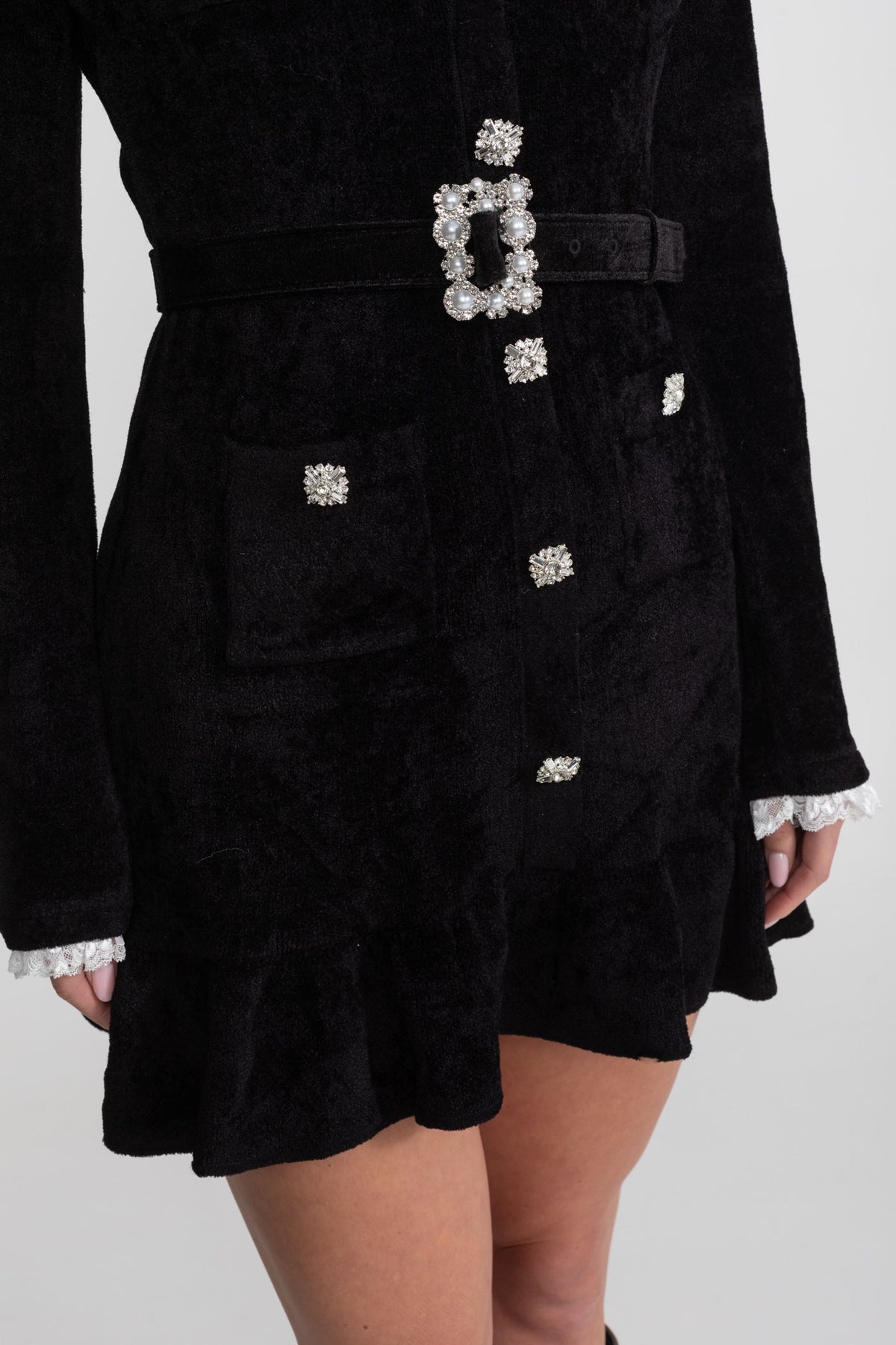 Knit Crystal-Button Mini Dress With Matching Belt – Black - View 8