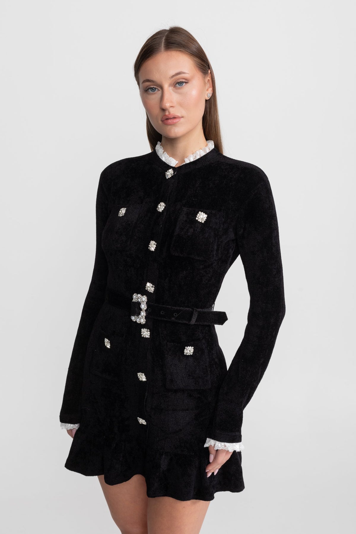 Knit Crystal-Button Mini Dress With Matching Belt – Black - View 9