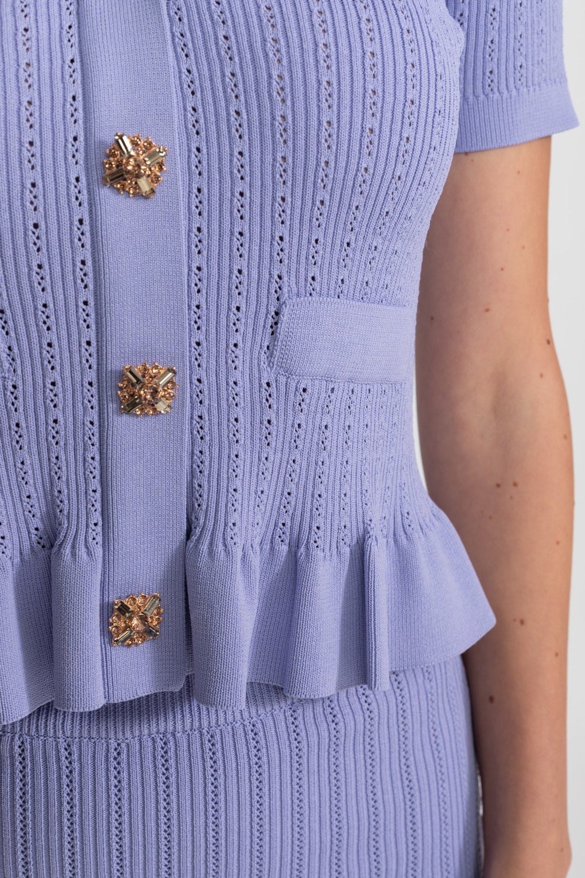 Knit Midi Co-Ord with Peplum Waist and Gold Buttons  – Lilac - View 3