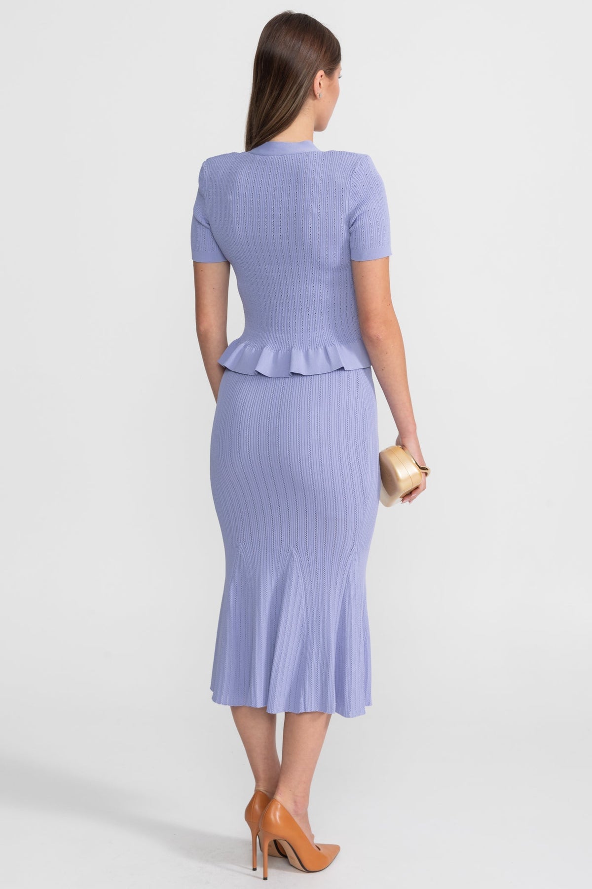 Knit Midi Co-Ord with Peplum Waist and Gold Buttons  – Lilac - View 5
