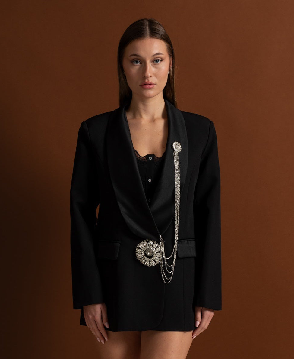 Rhinestone Brooch Chain Shawl Lapel Deep V-Neck Blazer Mini Dress - View 2