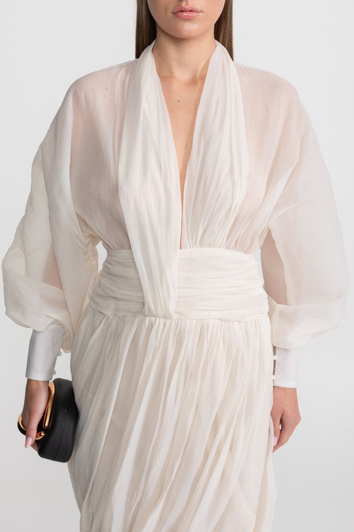 Draped Chiffon Maxi Dress With Long Bishop Sleeves – Ivoire - View 5