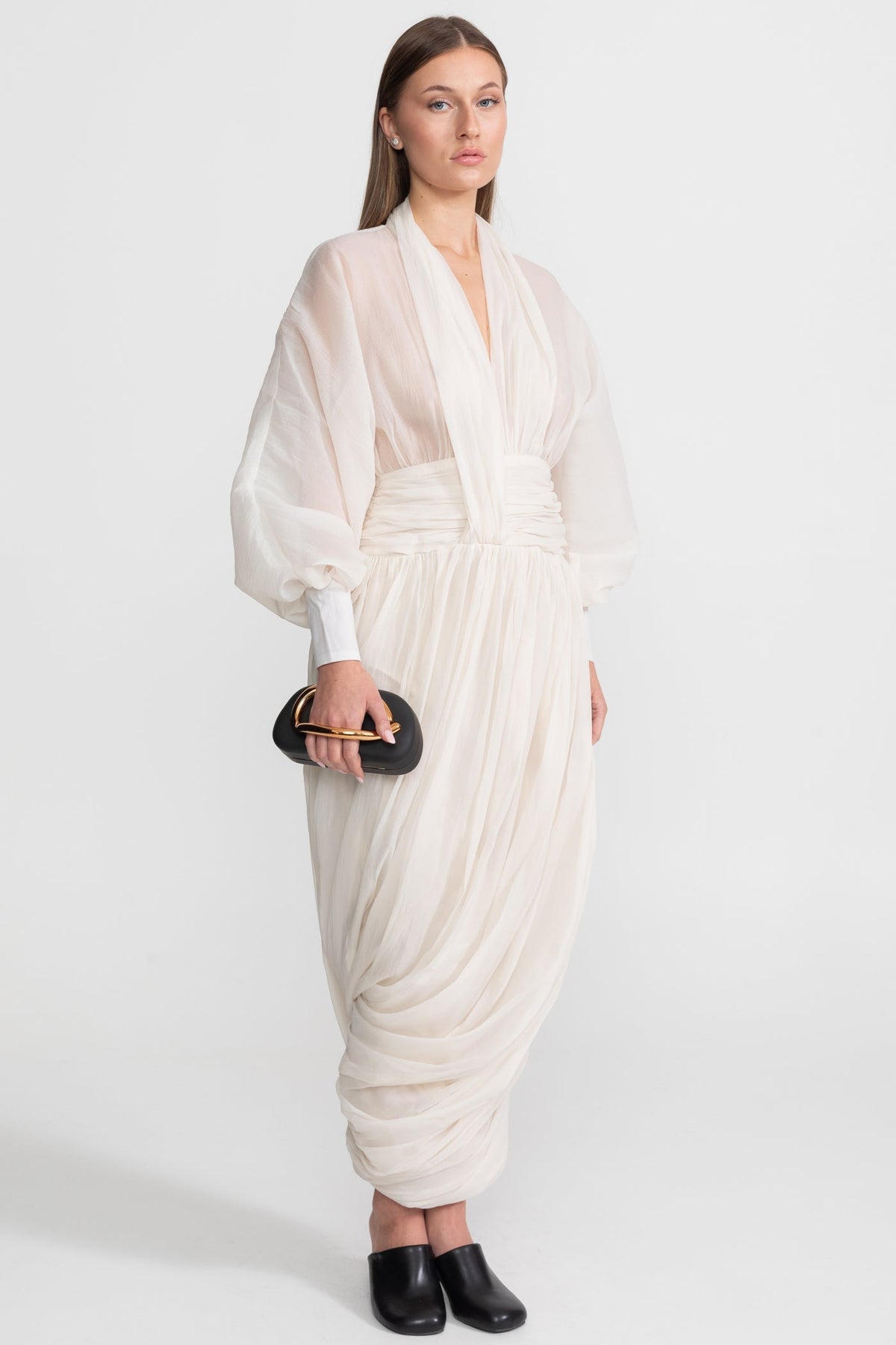 Draped Chiffon Maxi Dress With Long Bishop Sleeves – Ivoire - View 2