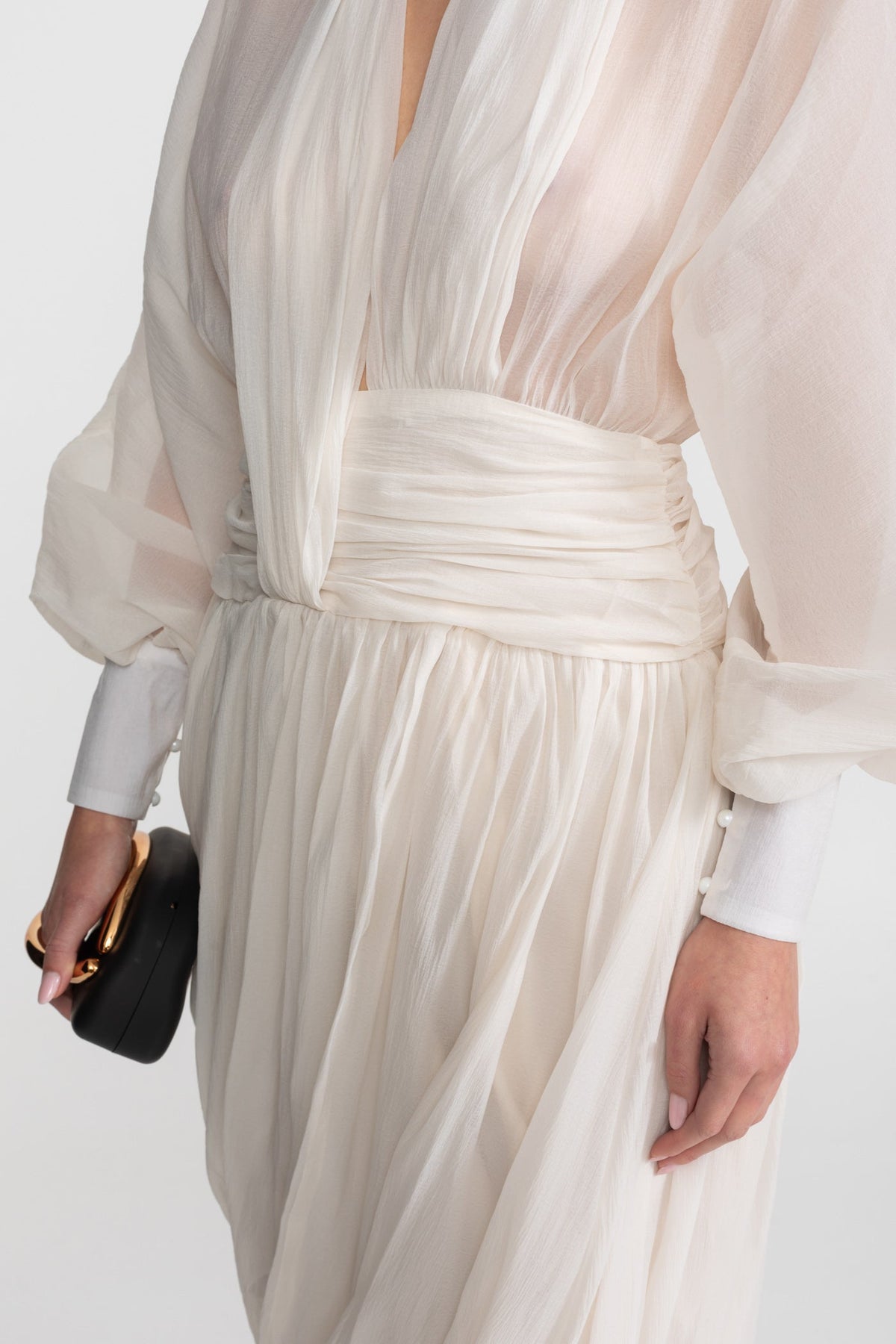 Draped Chiffon Maxi Dress With Long Bishop Sleeves – Ivoire - View 6