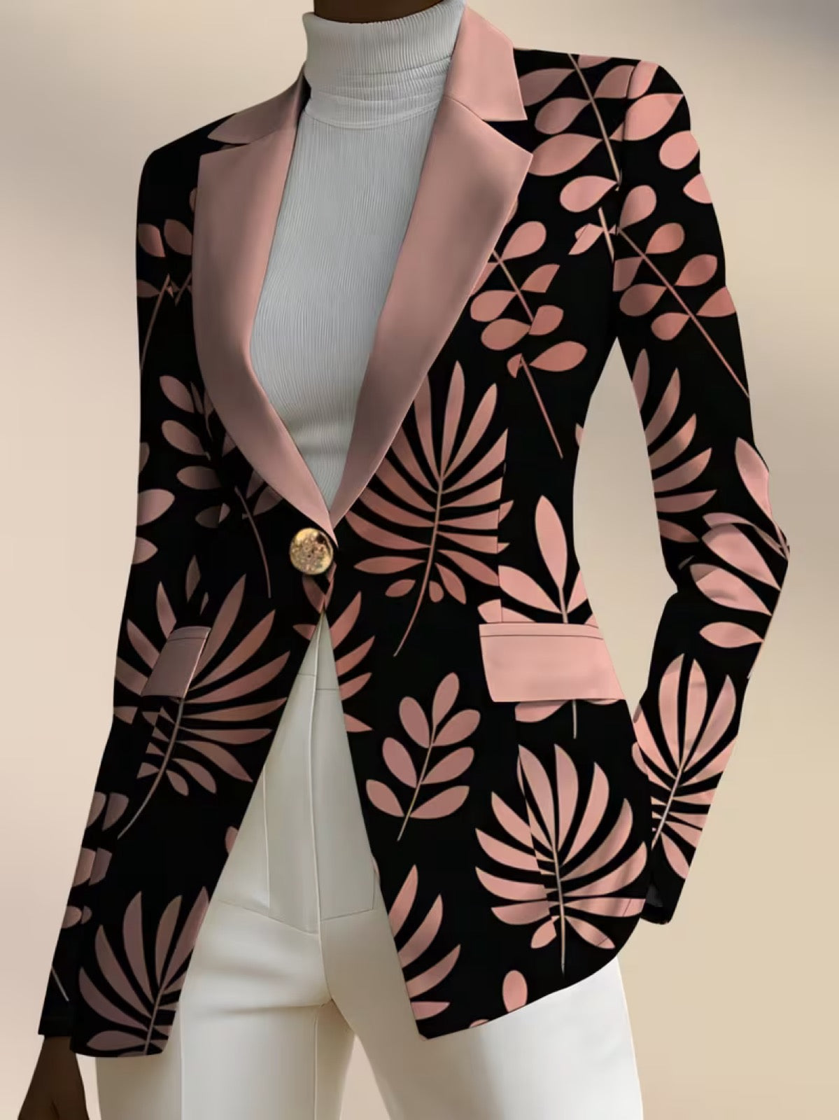 Leaf Print Contrast Lapel Single Button Blazer 4