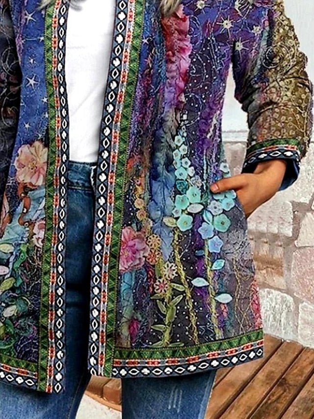Floral Print Contrast Trim Open Front Boho Jacket 6