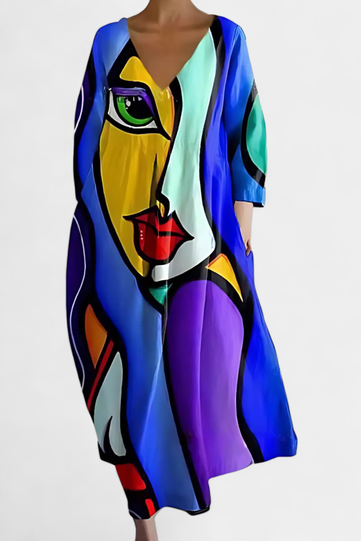 Abstract Print V-Neck Three Quarter Sleeve Oversized Maxi Dress 9