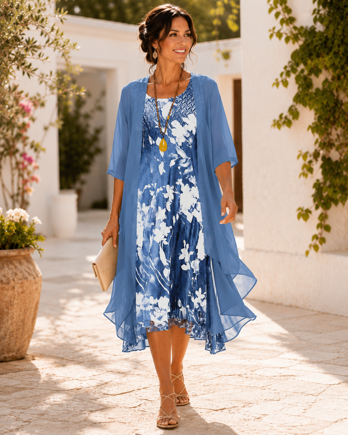 Floral Print Chiffon Overlay Two Layer Midi Dress 2