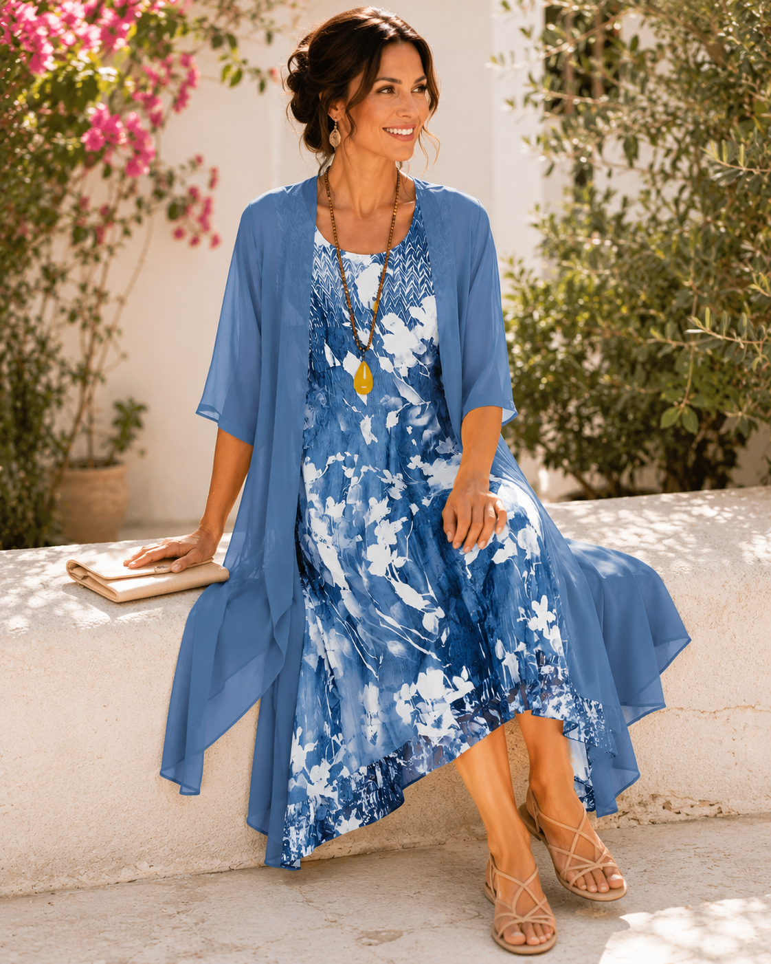 Floral Print Chiffon Overlay Two Layer Midi Dress 3
