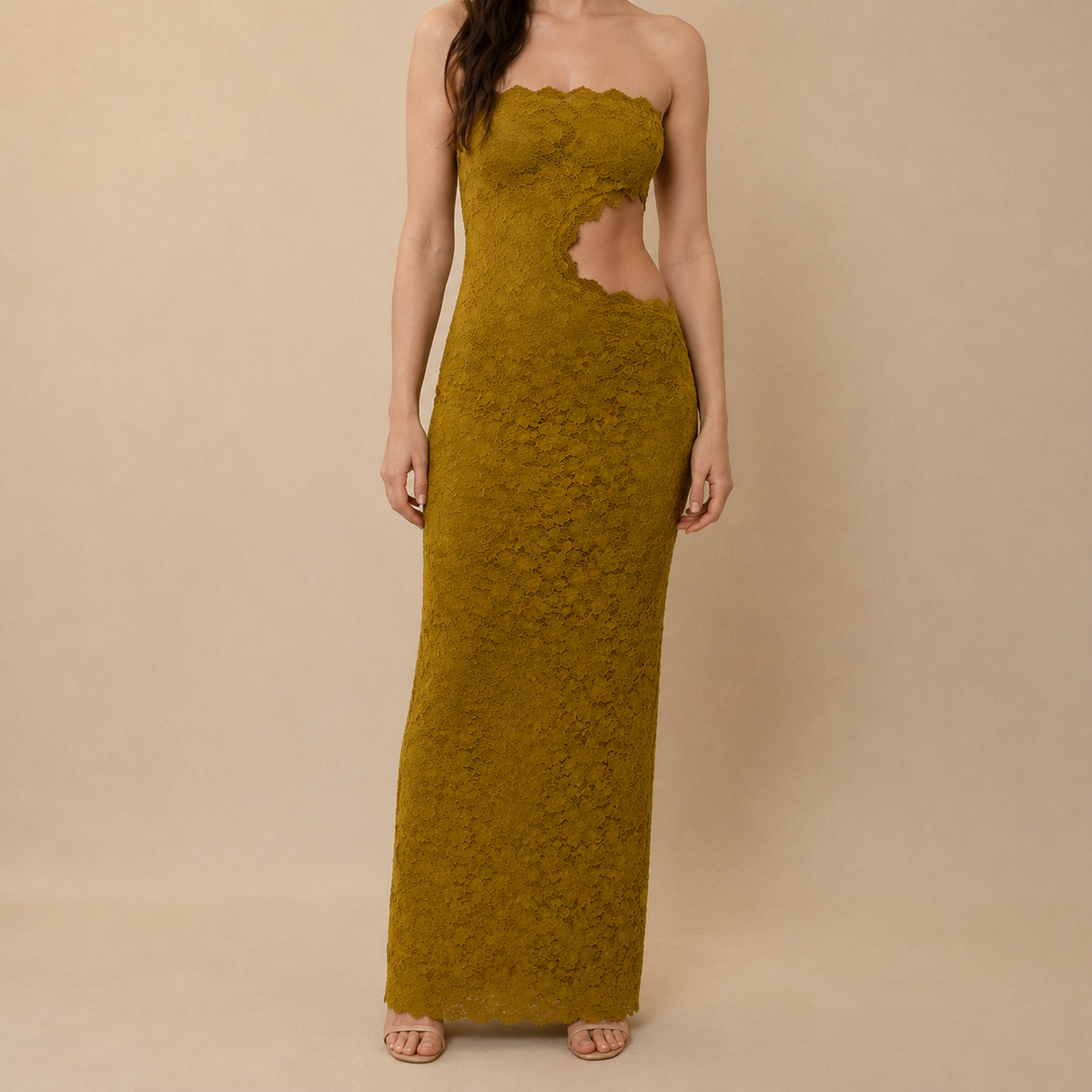 Strapless Lace Cut Out Column Maxi Dress