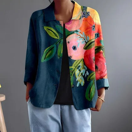 Floral Print Lapel Collar Long Sleeve Blazer
