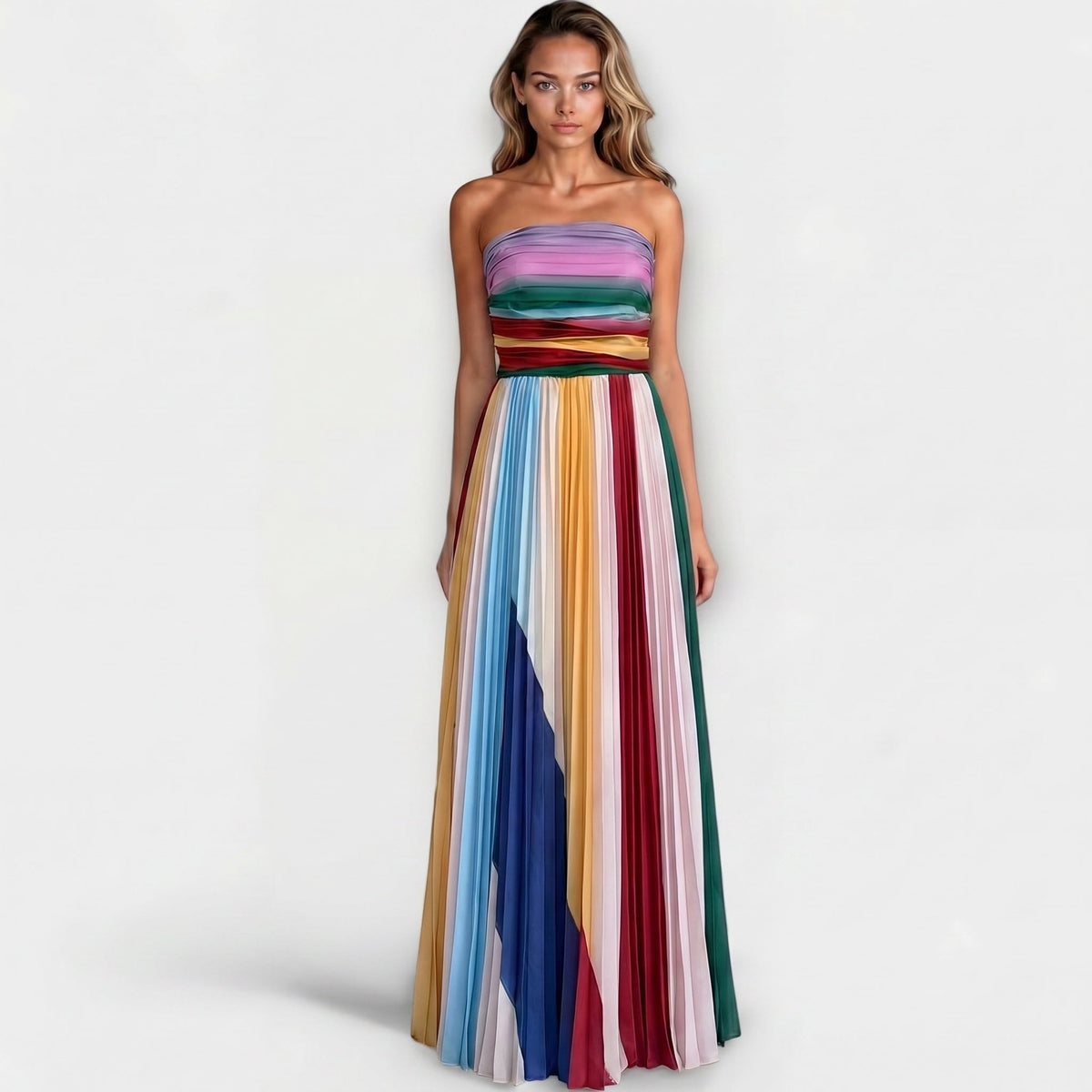 Strapless Striped Pleated Maxi Gown 2