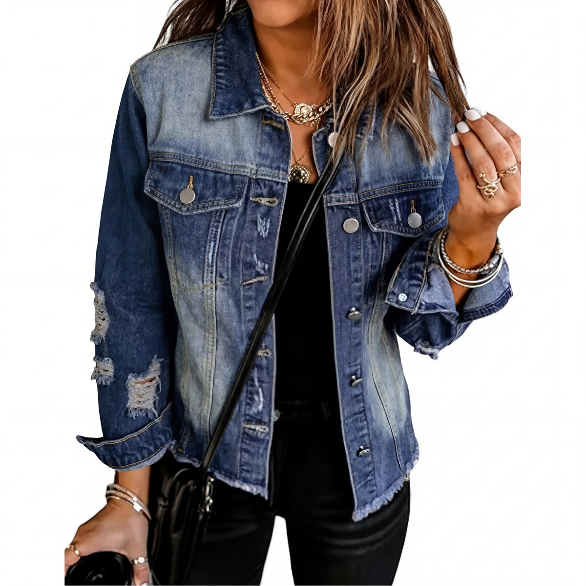 Spread Collar Button Front Distressed Raw Hem Denim Jacket 2
