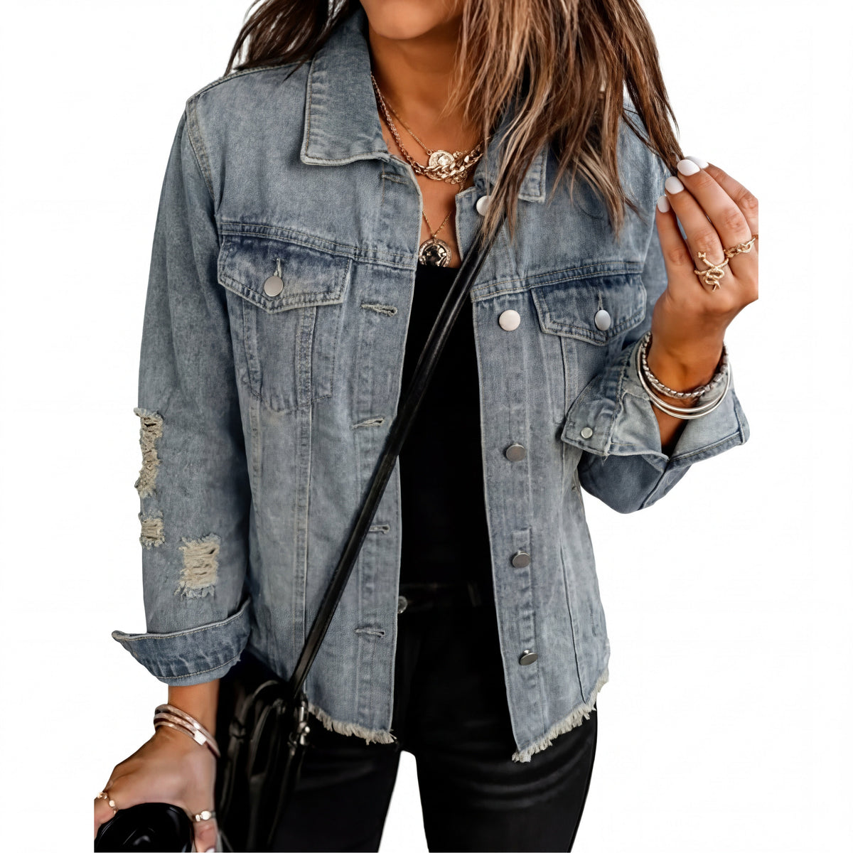 Spread Collar Button Front Distressed Raw Hem Denim Jacket