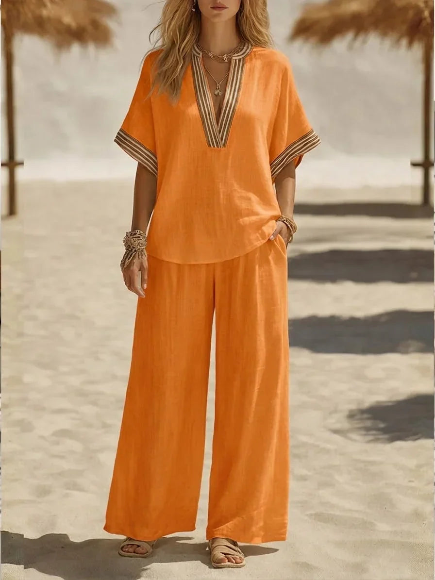 Contrast Stripe V-Neck Top and Wide Leg Pants Two Piece Set 4