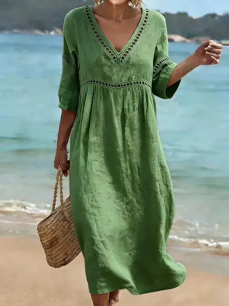 V-Neck Half Sleeve Crochet Trim Loose Maxi Beach Dress 3