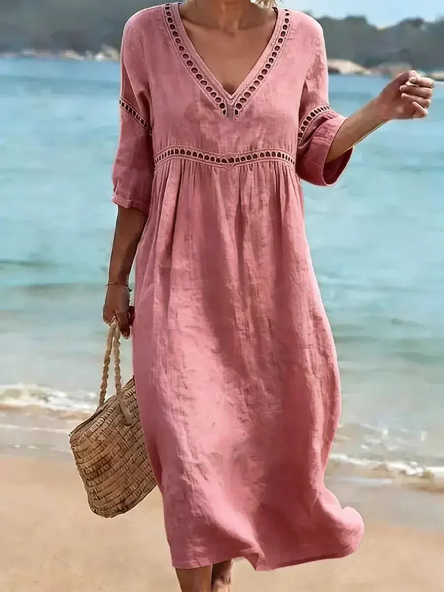 V-Neck Half Sleeve Crochet Trim Loose Maxi Beach Dress 8