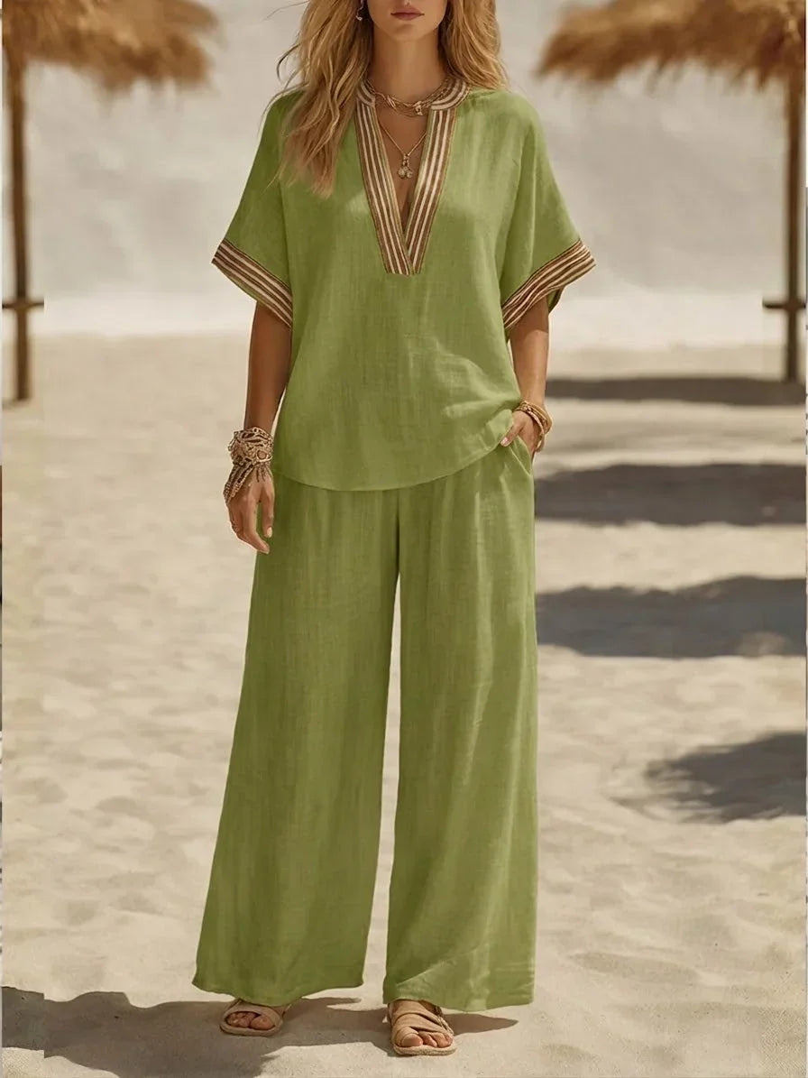 Contrast Stripe V-Neck Top and Wide Leg Pants Two Piece Set 2