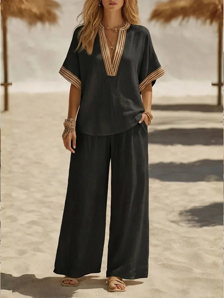 Contrast Stripe V-Neck Top and Wide Leg Pants Two Piece Set 6