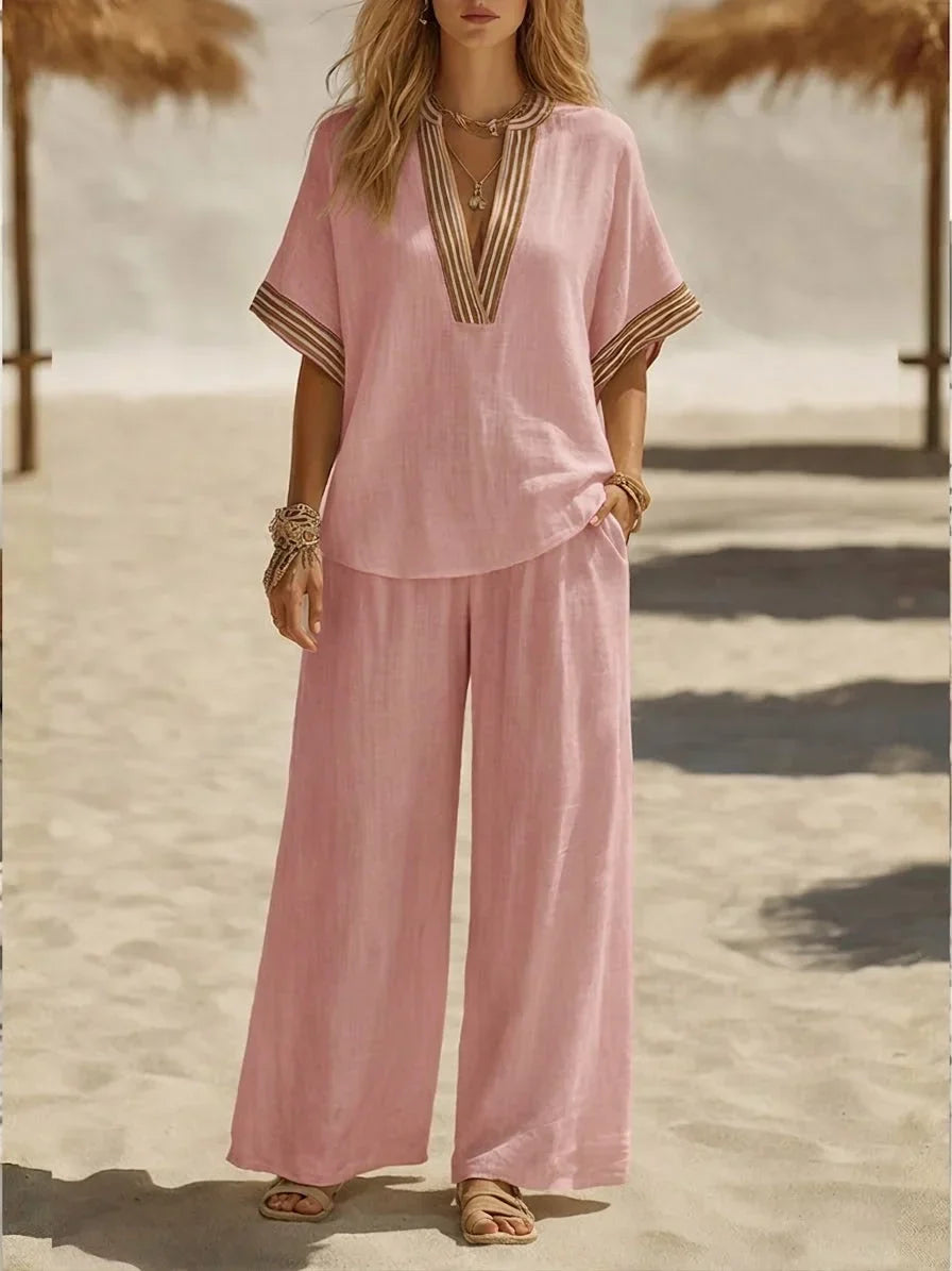 Contrast Stripe V-Neck Top and Wide Leg Pants Two Piece Set 7