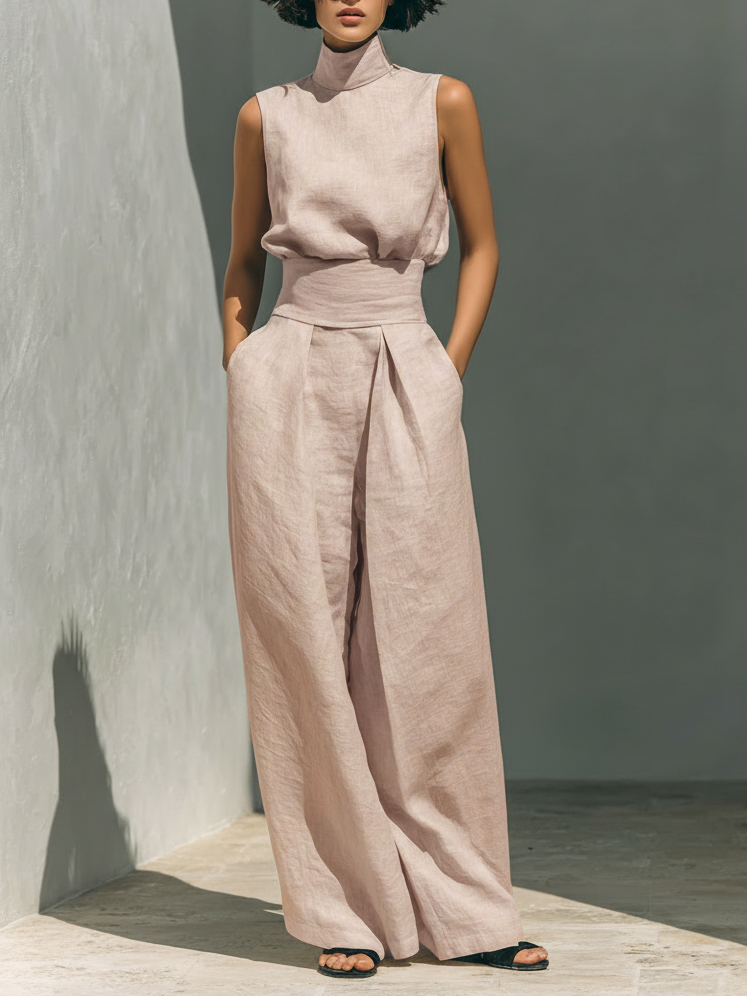 Sleeveless Mock Neck Top and Wide Leg Pants Two Piece Set 4