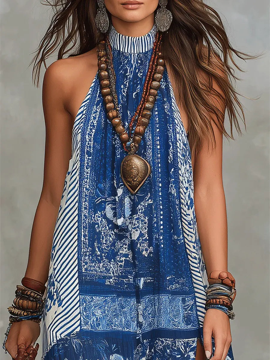 Patchwork Floral Halter Neck Sleeveless Boho Maxi Dress 2