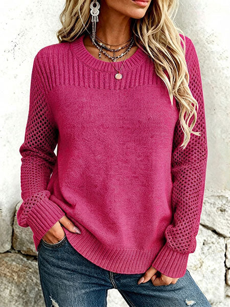 Round Neck Open Knit Sleeve Long Sleeve Sweater 2