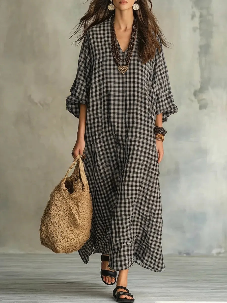 Gingham Check V-Neck Long Sleeve Oversized Maxi Dress 4