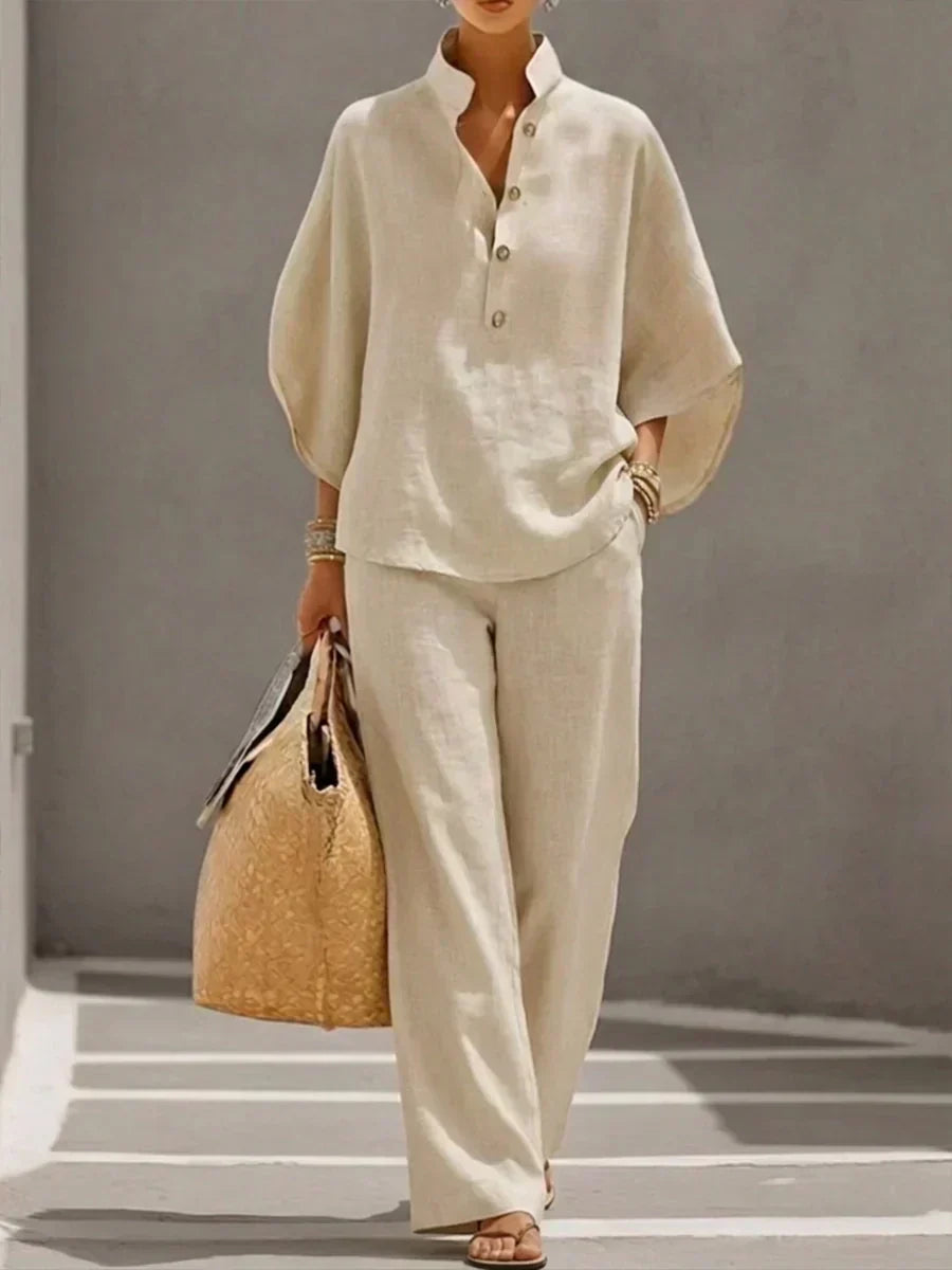 Stand Collar Half Placket Top and Wide Leg Pants Two Piece Set 2