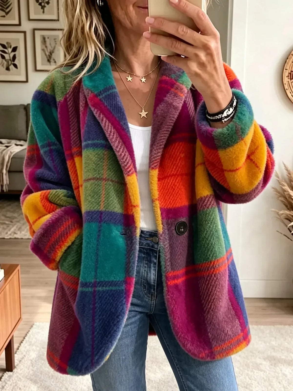 Plaid Notch Lapel Single Button Fleece Coat