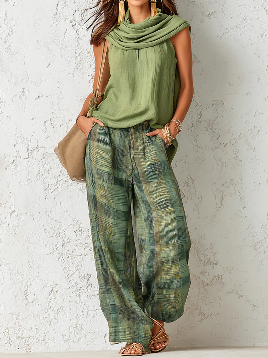 Cowl Neck Sleeveless Top and Plaid Wide Leg Pants Two Piece Set