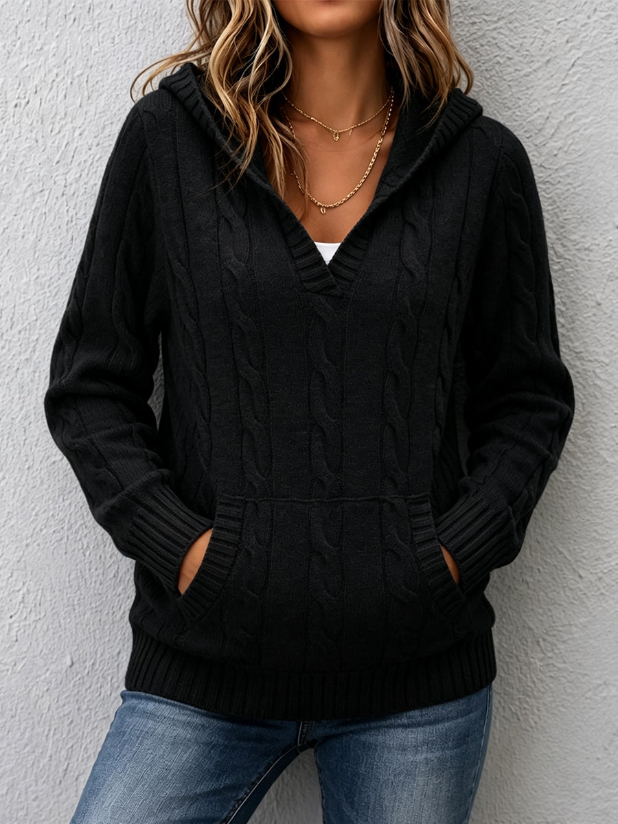 Cable Knit V-Neck Hooded Sweater with Pocket 4