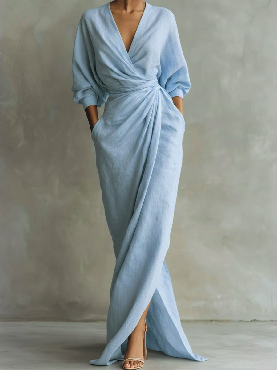 V-Neck Long Sleeve Wrap Draped Maxi Dress 7