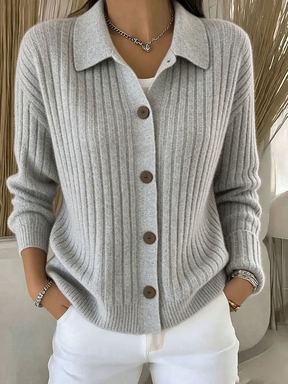 Ribbed Knit Collared Button Front Long Sleeve Cardigan 6