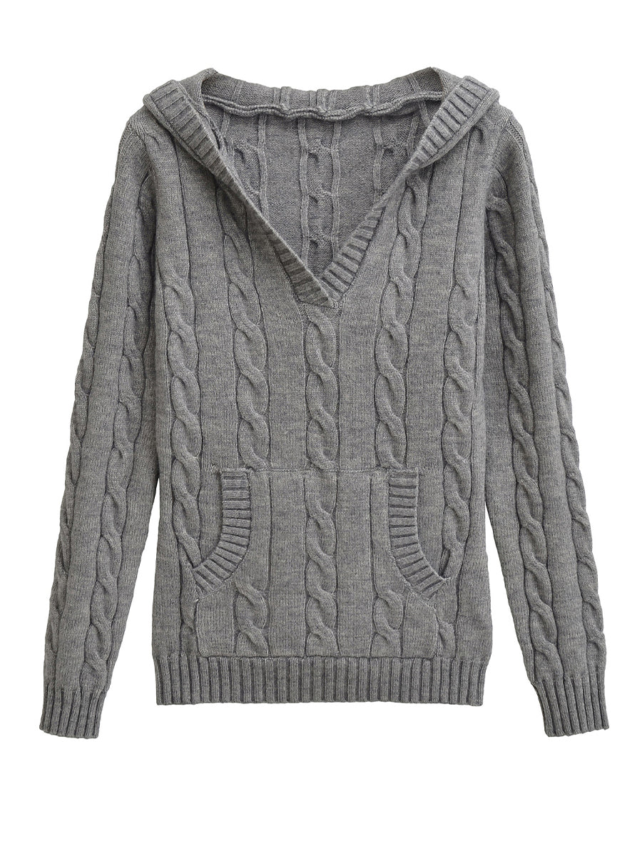 Cable Knit V-Neck Hooded Sweater with Pocket 7