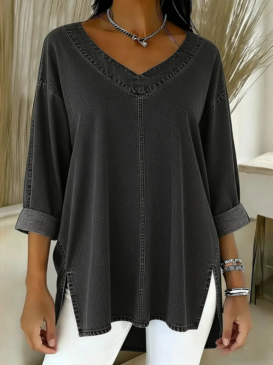 V-Neck Three Quarter Sleeve Denim Look Tunic Top 3