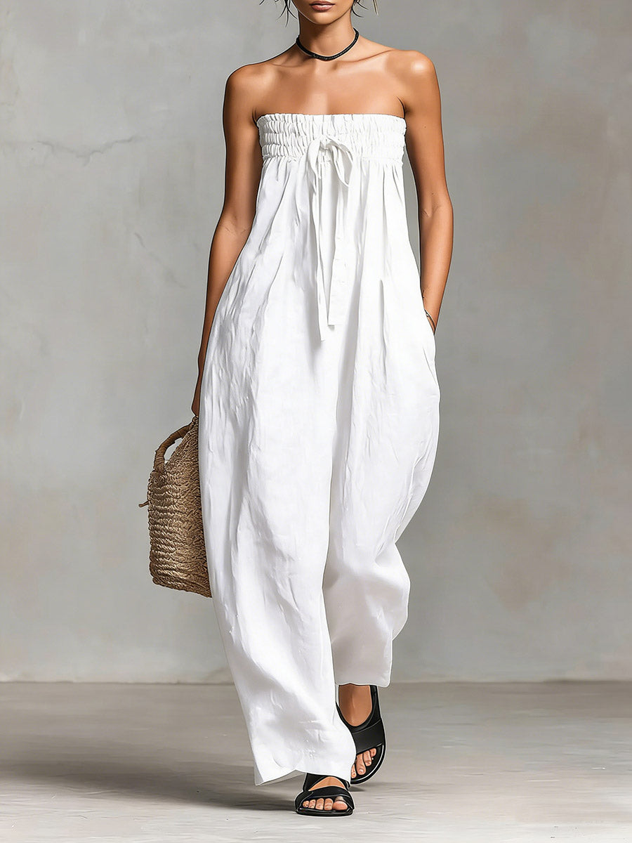 Strapless Smocked Tie Waist Wide Leg Jumpsuit 3
