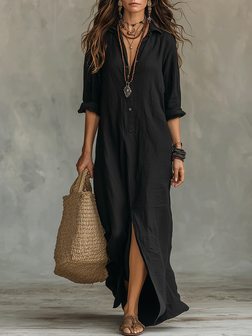 Collared Button Front Long Sleeve High Split Maxi Shirt Dress